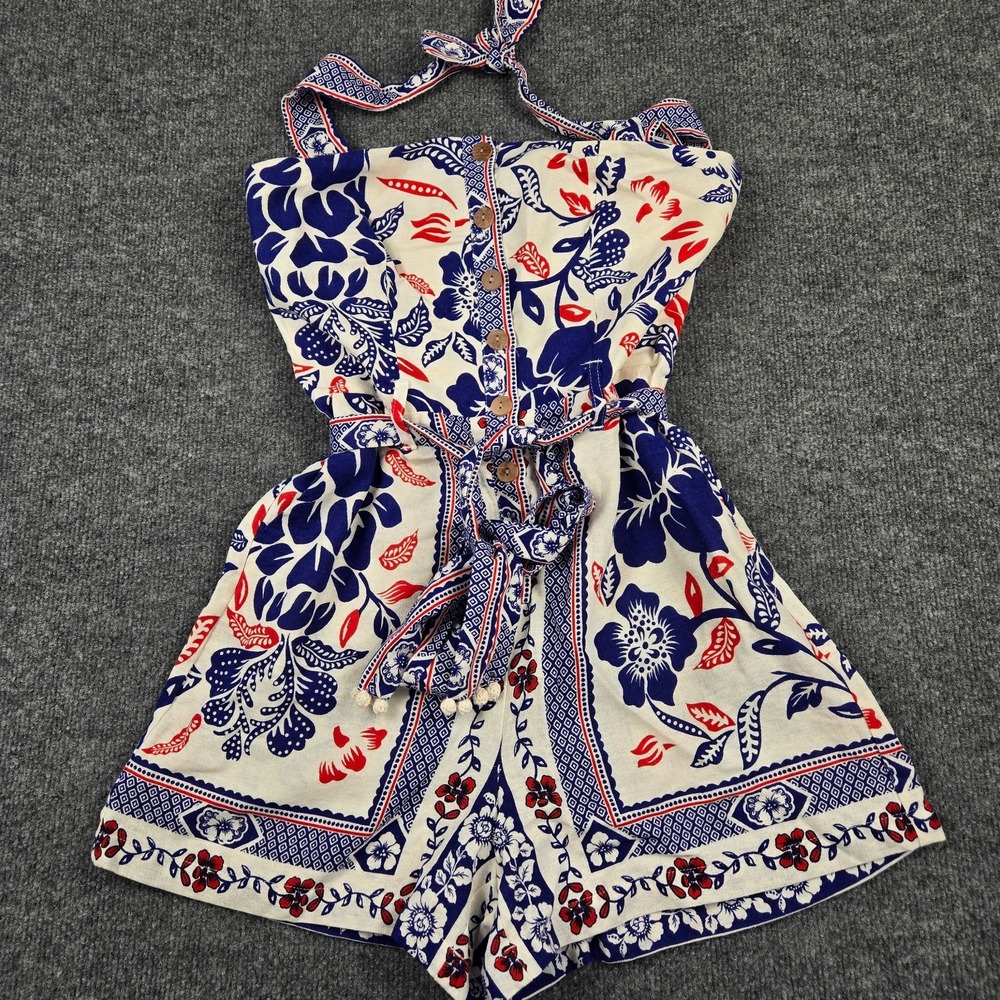 Rachel Zoe Romper Womens 4 Linen Floral Halter Blue Red Boho Button-Down Romper